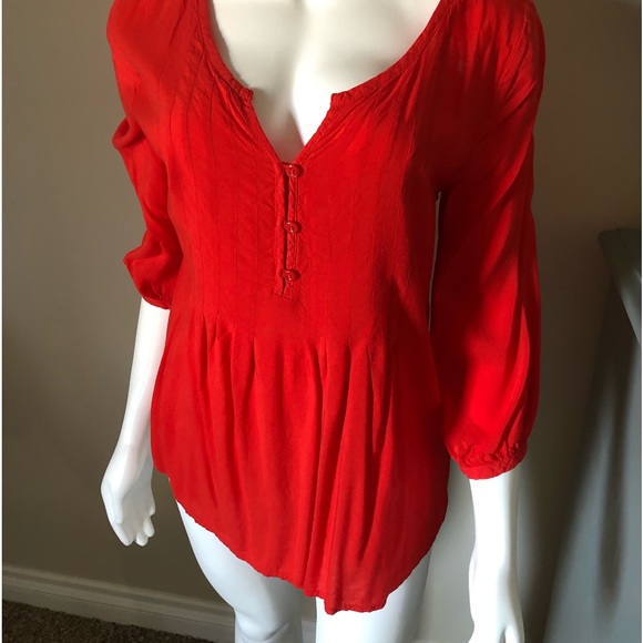 Silky Blouse Size XS Bright Orange Red Top Three Quarter Sleeve Bohemian Top - Picture 2 of 5